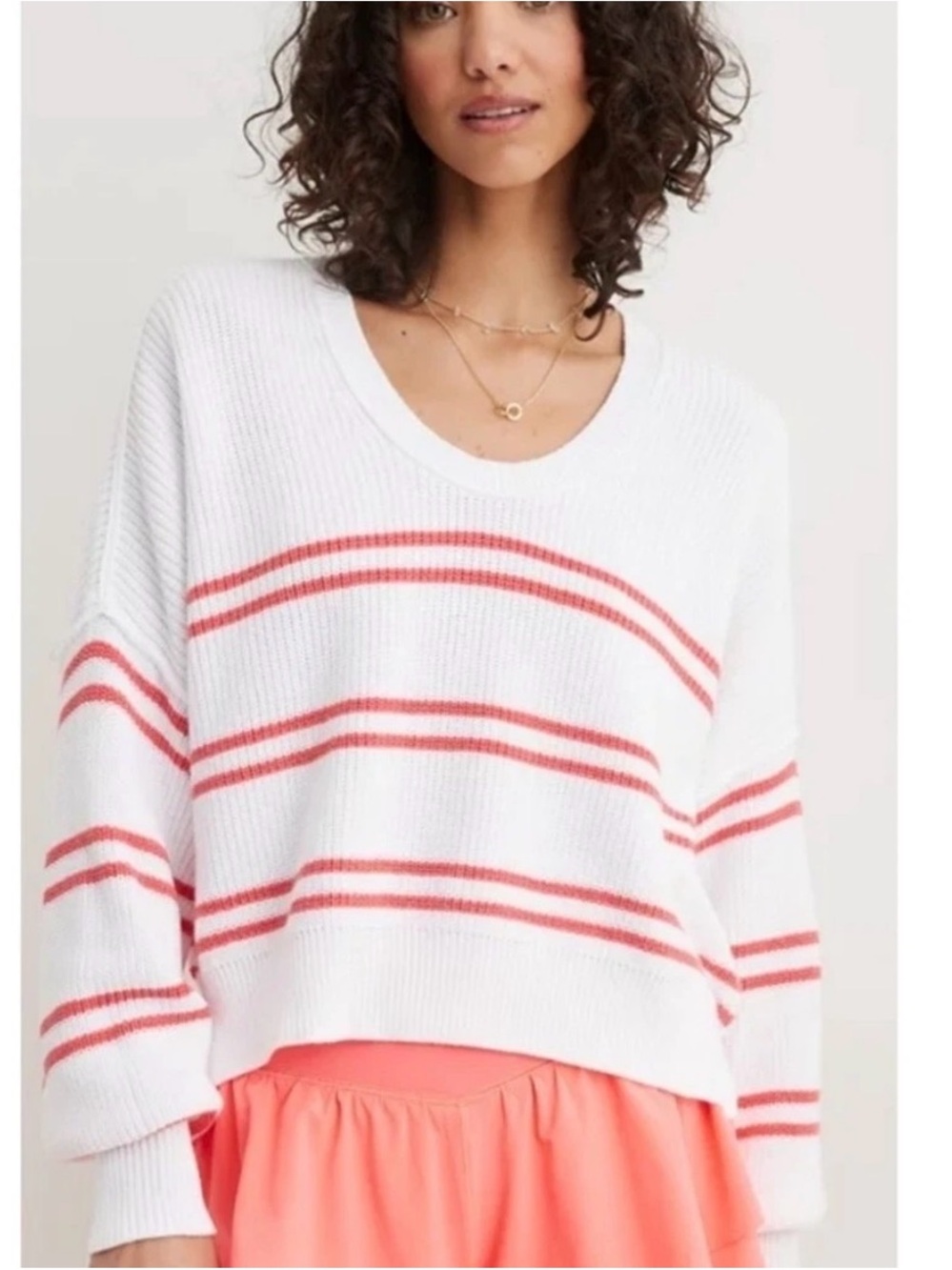 aerie White Crewneck Sweater with Coral Stripes - Picture 1 of 4